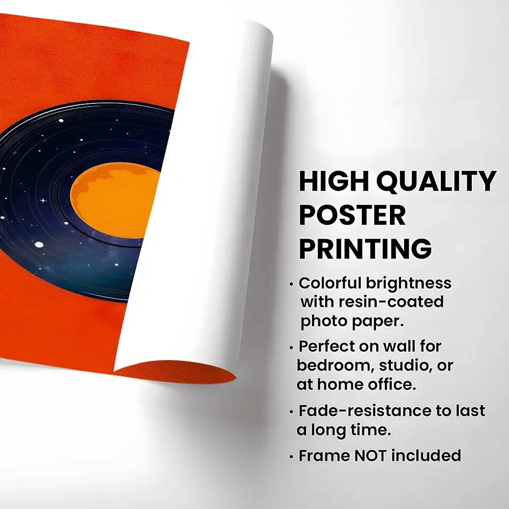 Rolled-up poster with space-themed design on a white background, featuring text about high-quality printing.