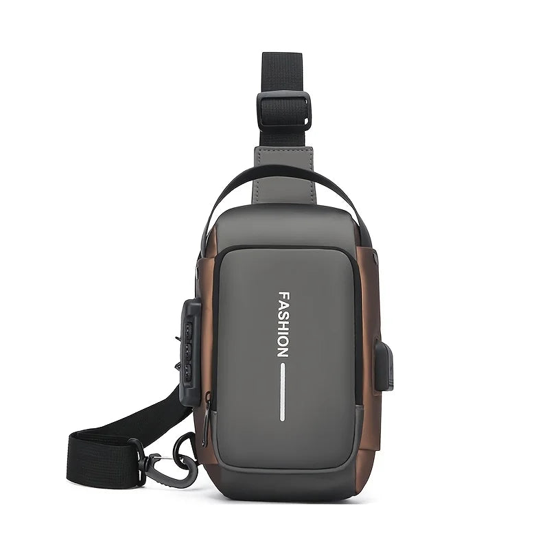 Gray and brown crossbody bag with 'FASHION' text on a white background