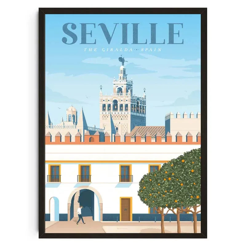 Poster of Seville with Giralda tower and buildings.