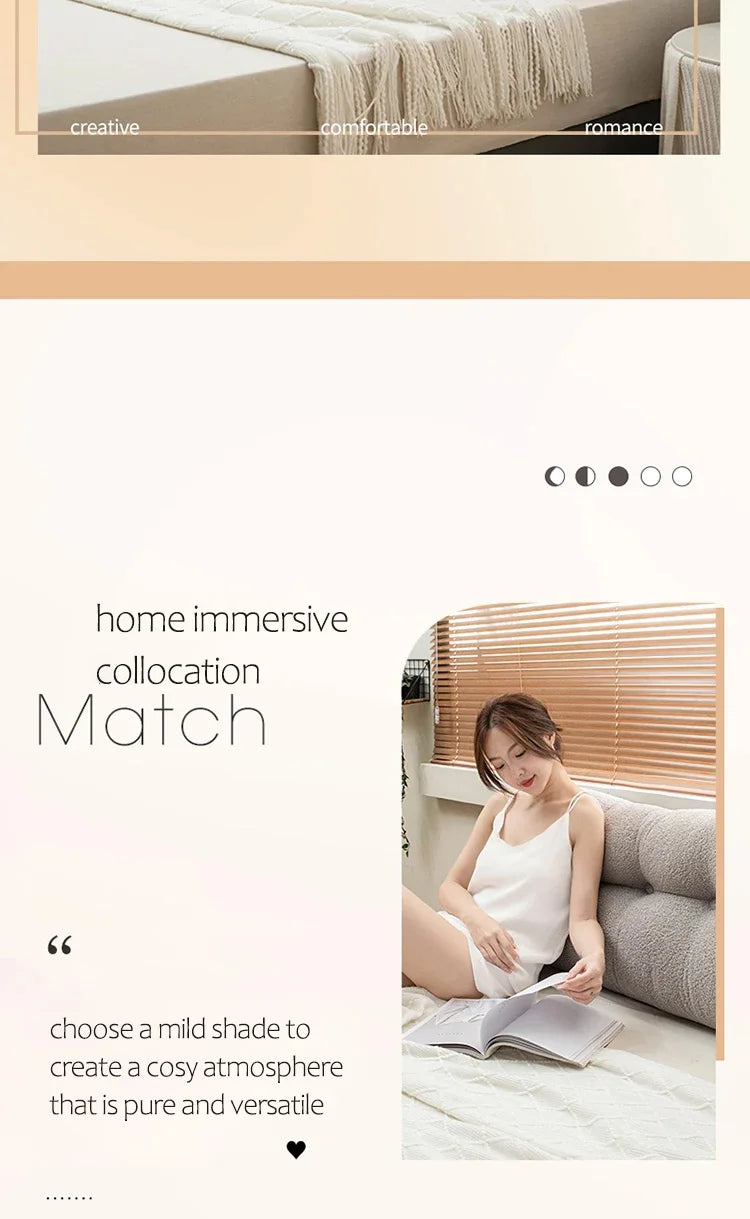 Woman reading a book on a bed with a neutral color scheme, text about home immersive collocation match.