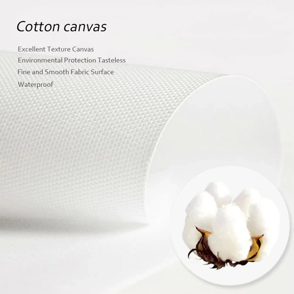 Cotton fabric with a close-up of cotton bolls on a white background, featuring text about cotton canvas.