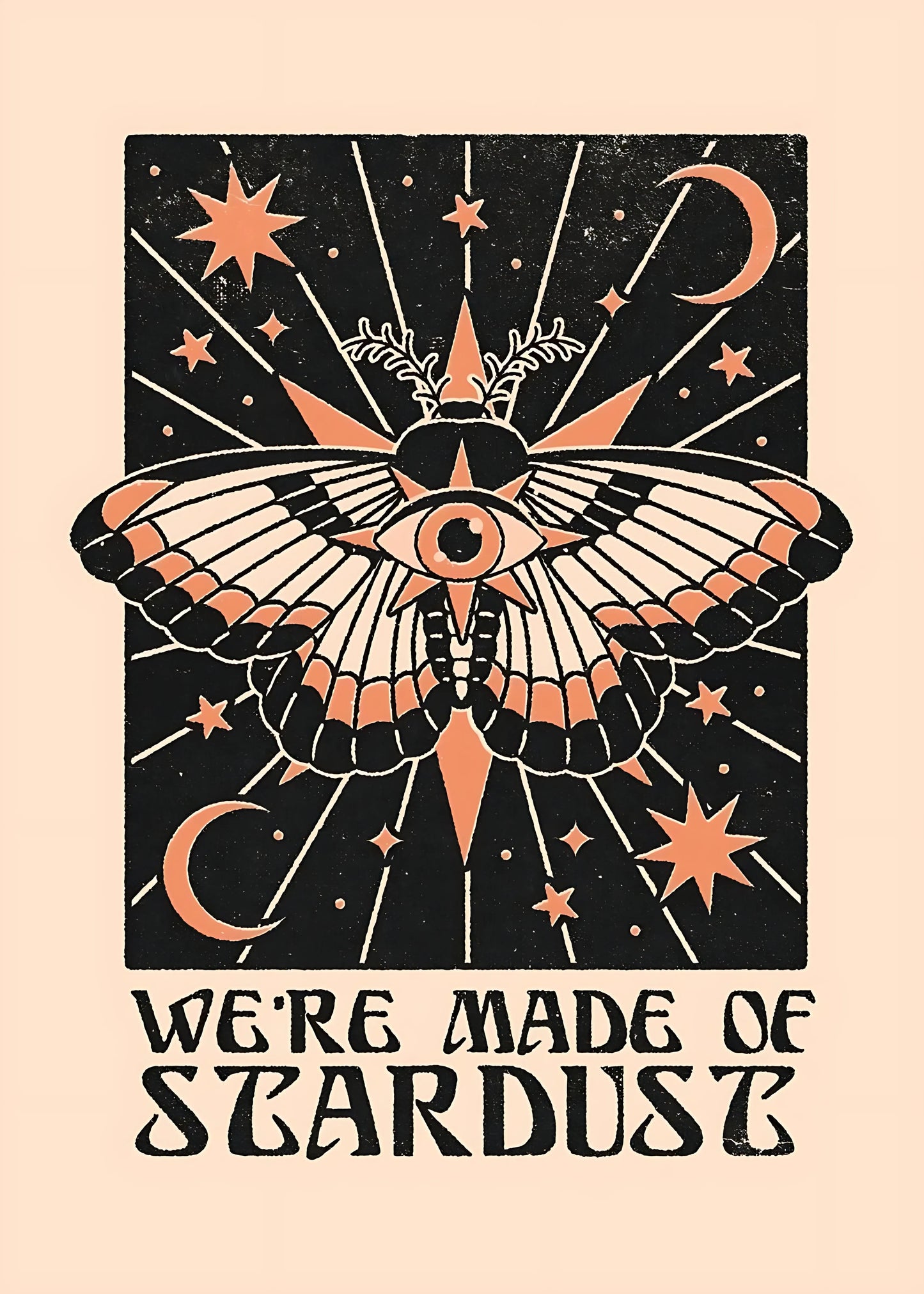 Illustration of a moth with stars and moons, text 'We're Made of Stardust' on a beige background