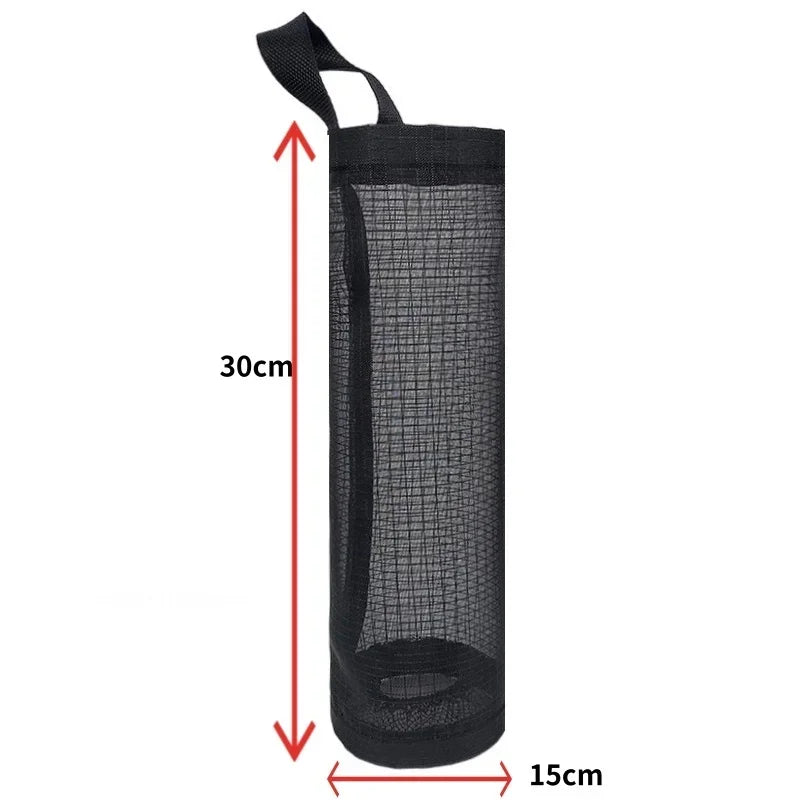 Black mesh bag with measurements on a white background
