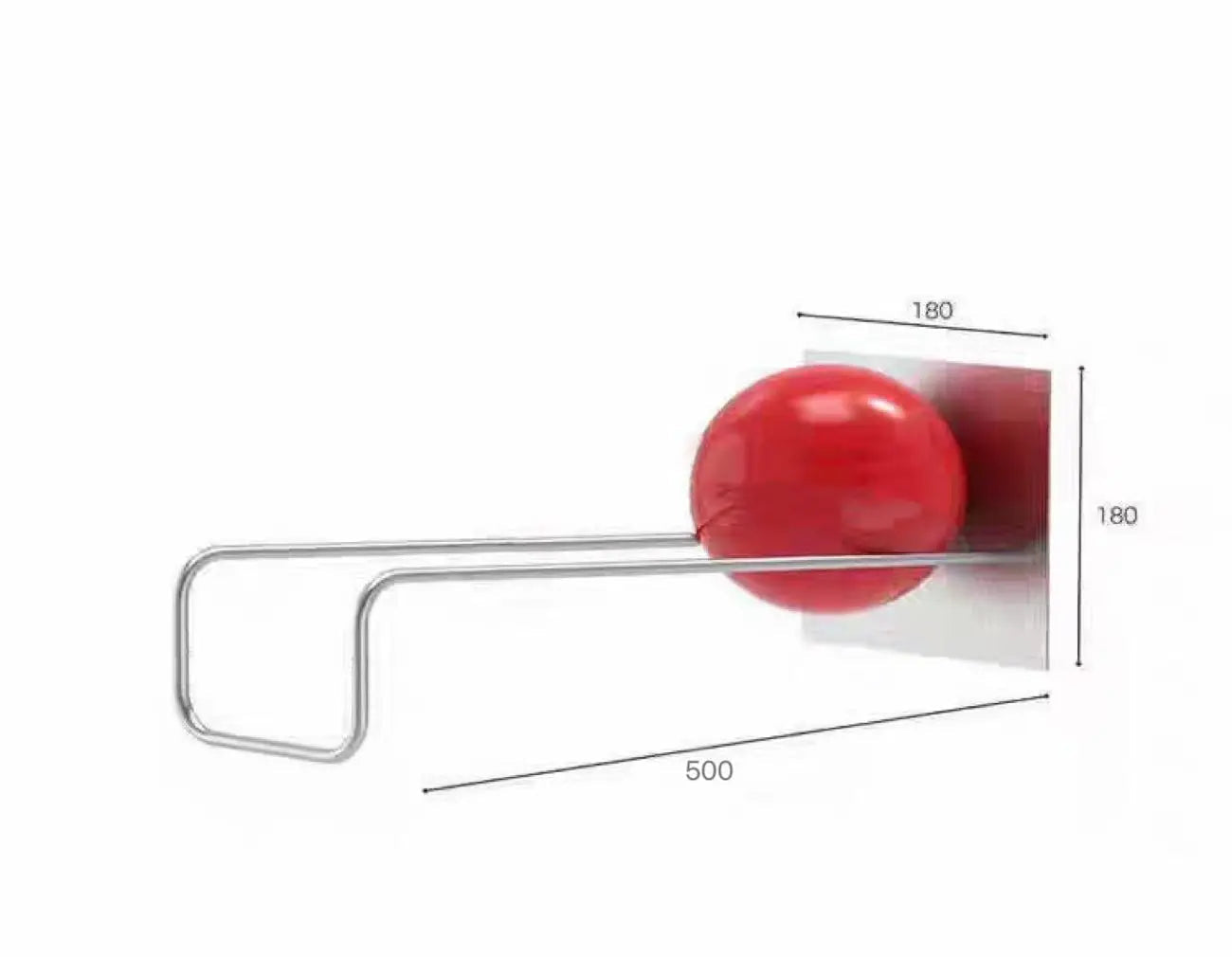A metal bookend with a red spherical weight at one end, shown with dimension labels 