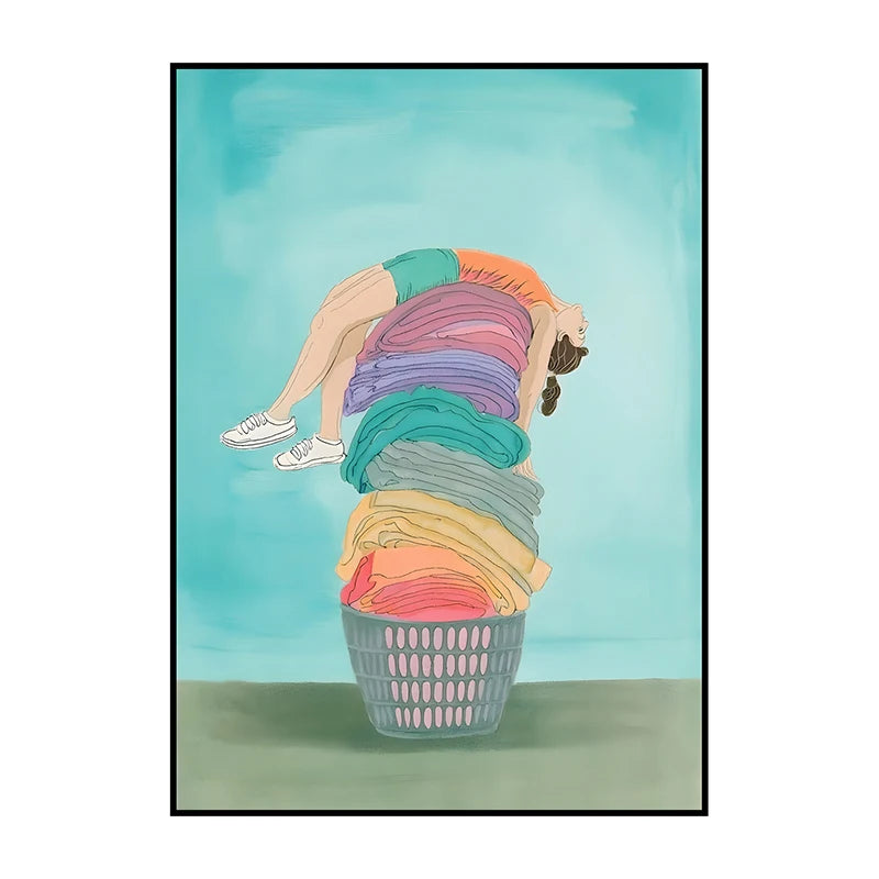 Illustration of a person climbing out of a laundry basket filled with colorful towels against a blue sky.