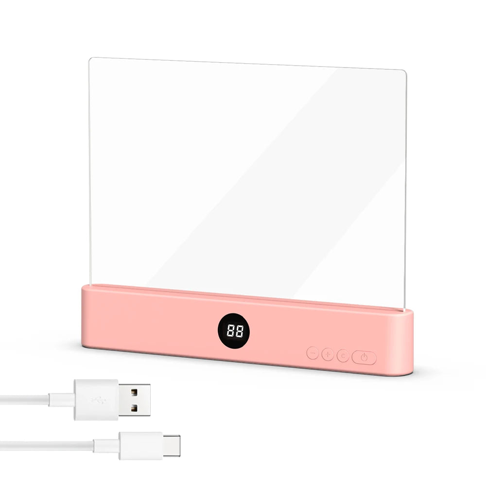 Pink electronic device with a digital display and USB cable on a white background