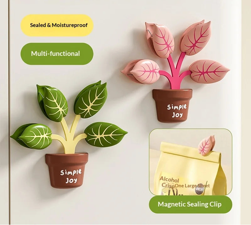 Magnetic sealing clip -potted plants designs and text on a white background