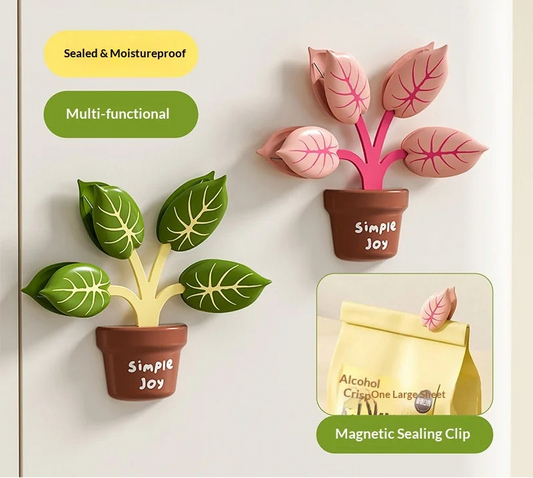 Magnetic sealing clip -potted plants designs and text on a white background