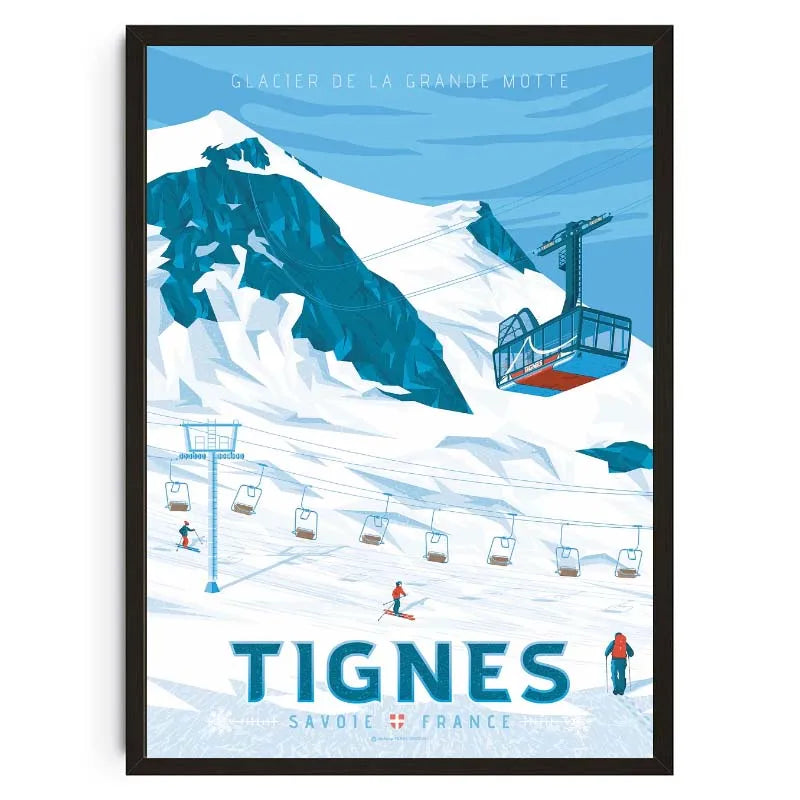 Illustration of a snowy mountain landscape with ski lifts and people, featuring the text 'Tignes Savoie France'.