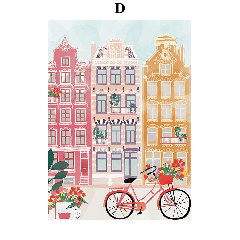 Illustration of a city street with colorful buildings and a pink bicycle.