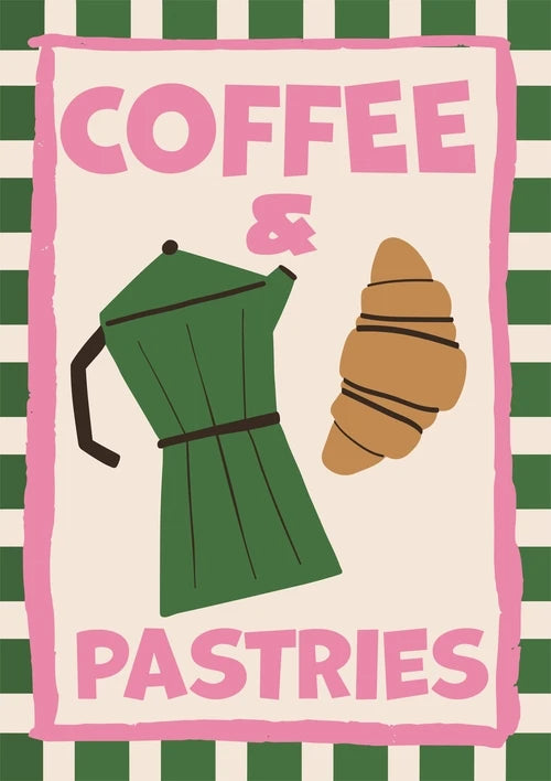 Illustration of a coffee maker and croissant with 'Coffee & Pastries' text on a striped background