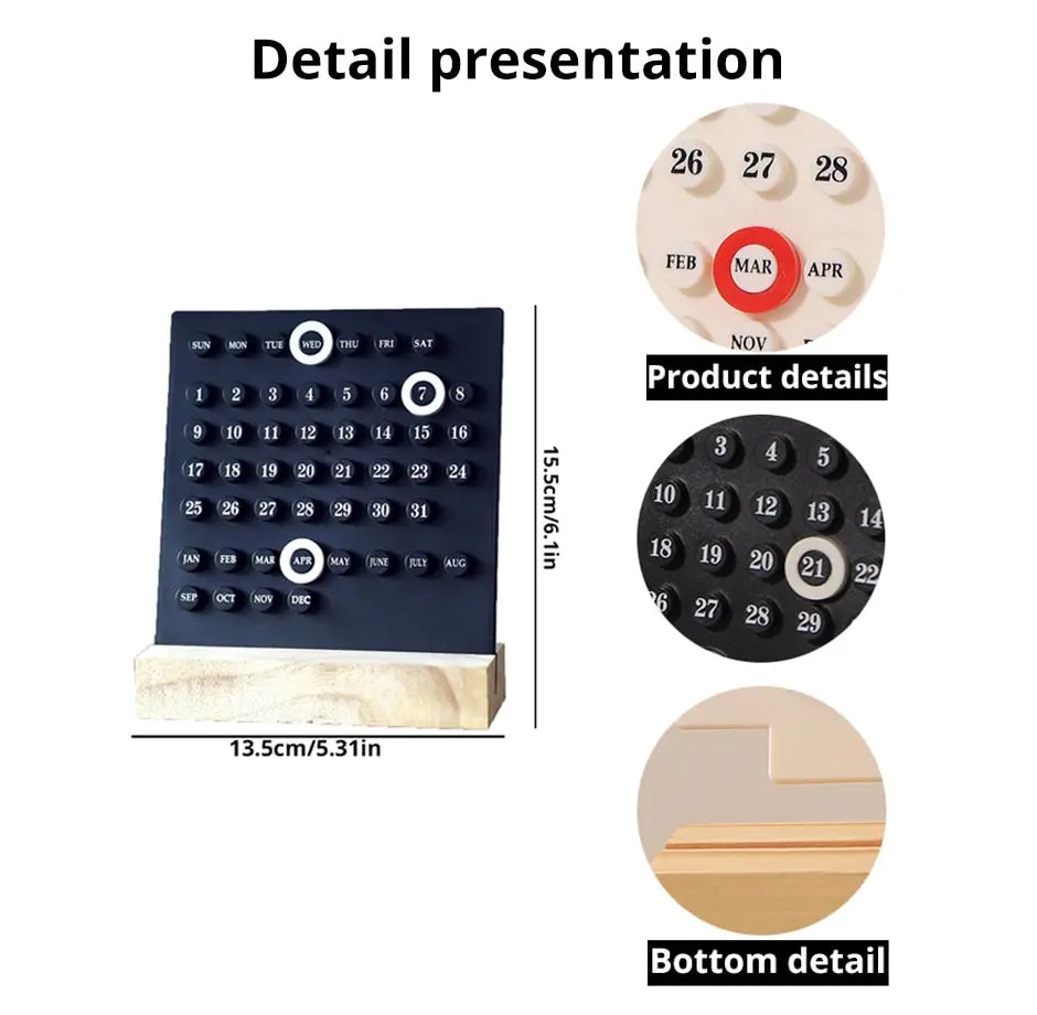 Calendar with product details and dimensions on a white background