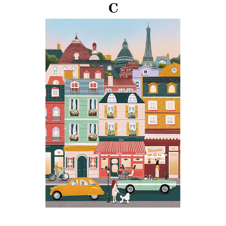 Illustration of a colorful city street with buildings and people in a Parisian setting.