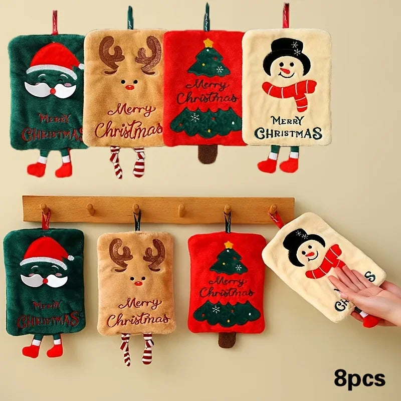 Set of 8 Christmas-themedhand towels with various designs on a beige background.