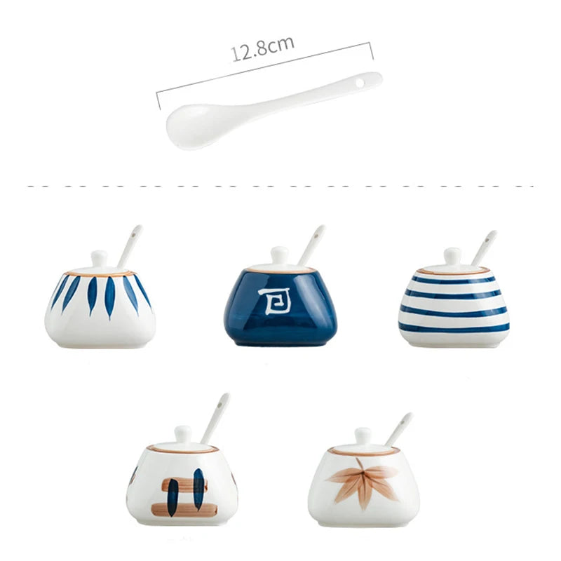 Set of ceramic condiment jars with spoons, featuring various designs and measurements.