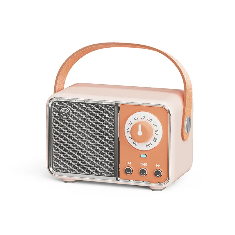 Vintage-style radio with a wooden handle on a white background