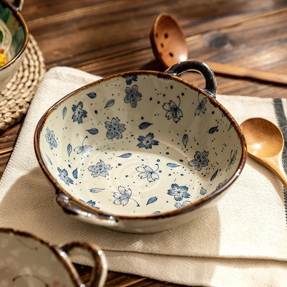 Ceramic bowl with floral pattern on a wooden surface
