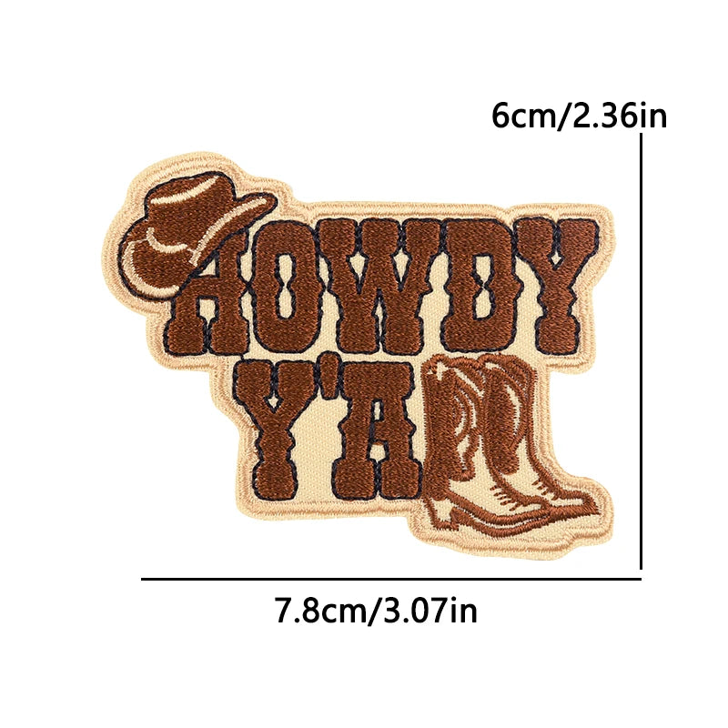 Cowboy-themed patch with 'Howdy Yar' text and measurements on a white background