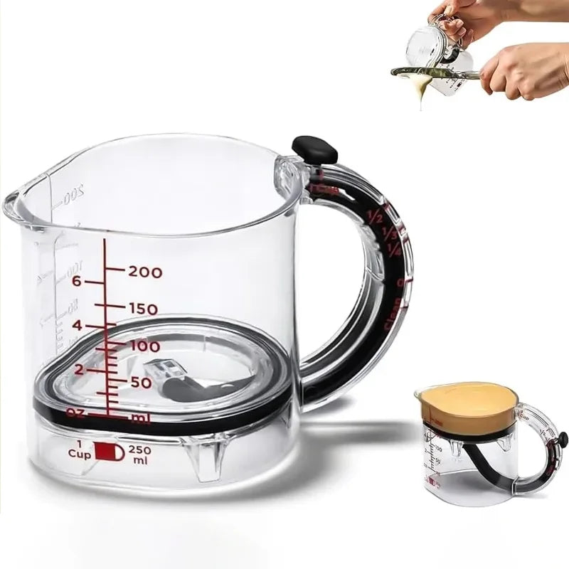 Adjustable measuring cup with sliding scraper base for liquids and sticky ingredients