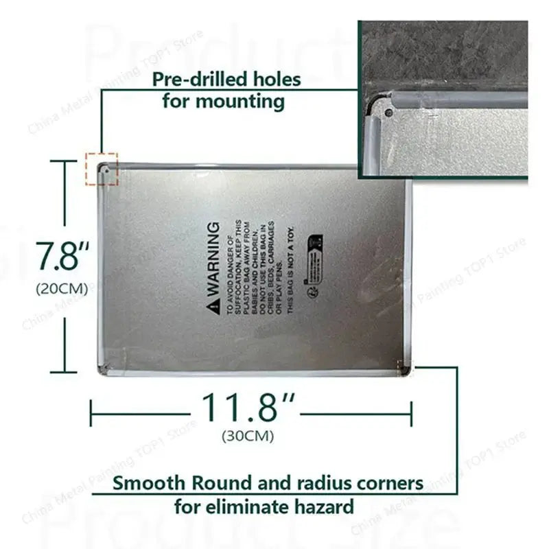 Metal panel with pre-drilled holes and dimensions labeled on a white background