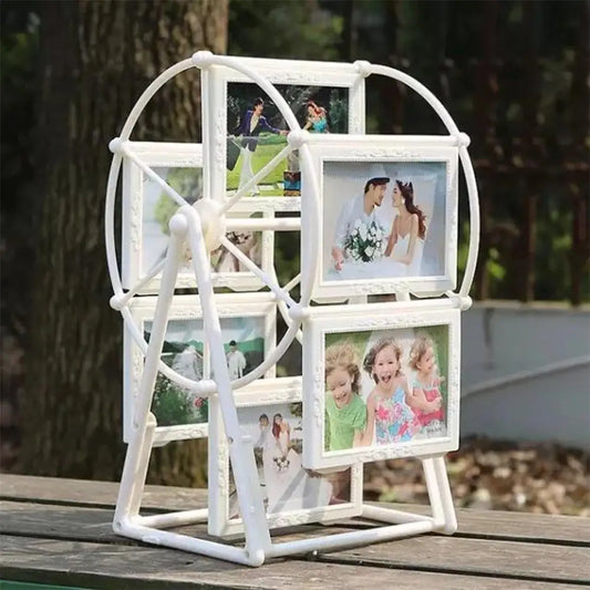 Ferris wheel rotating photo frame display with multiple small picture frames for family photos on desk table décor