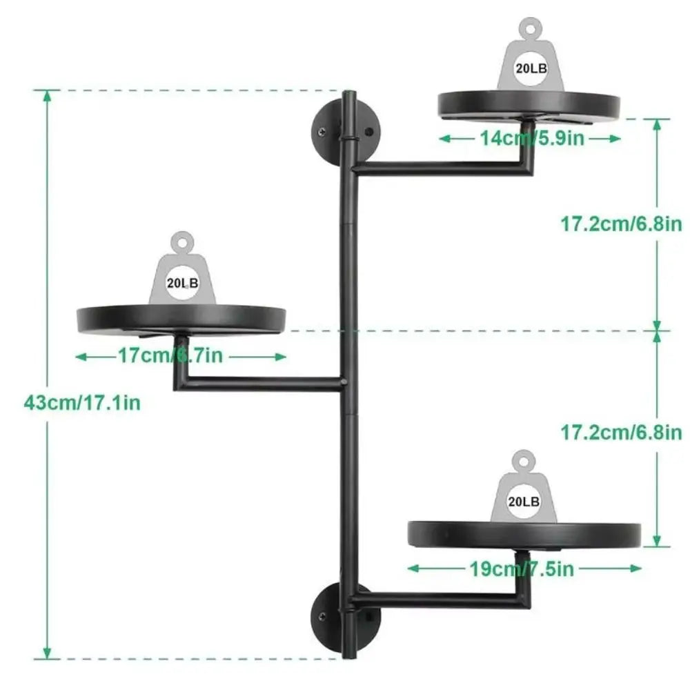 Black wall-mounted shelf with dimensions labeled on a white background