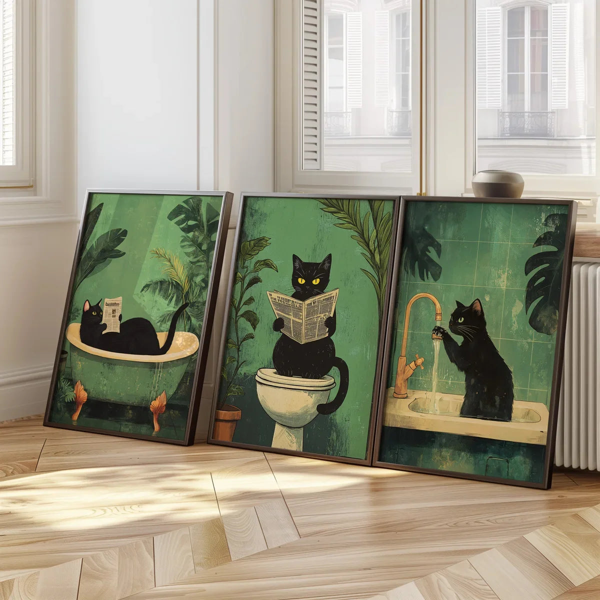 Funny black cat bathroom wall art print showing a cat in a retro-style bathroom scene
