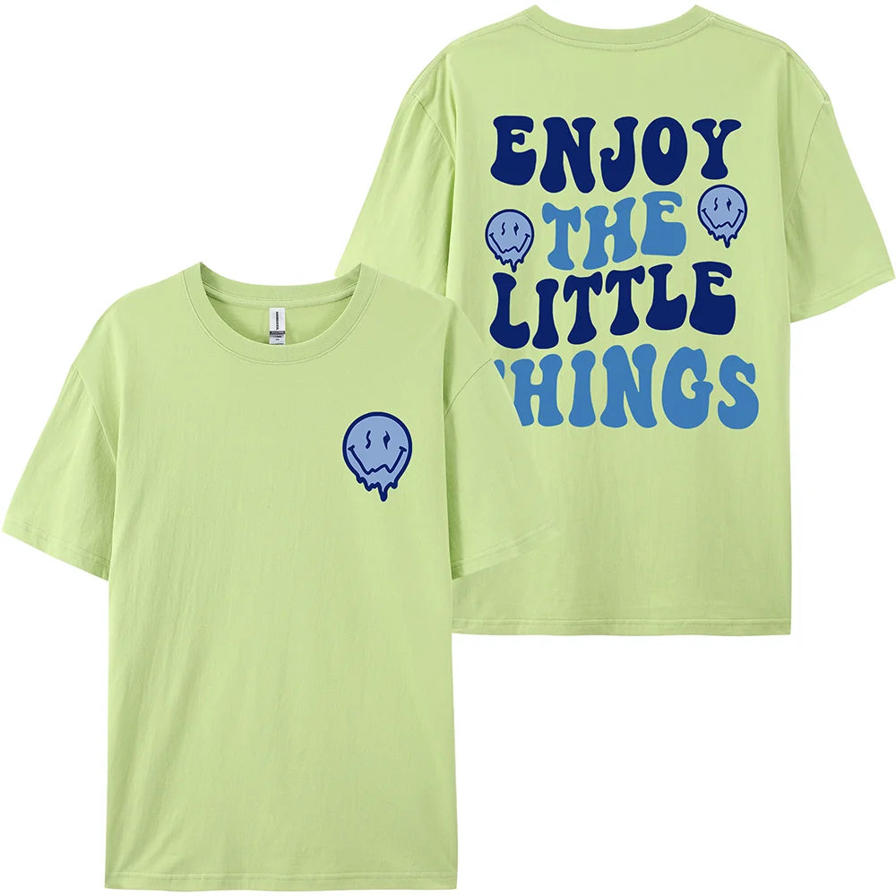 Light green t-shirt with blue text and graphics on a white background