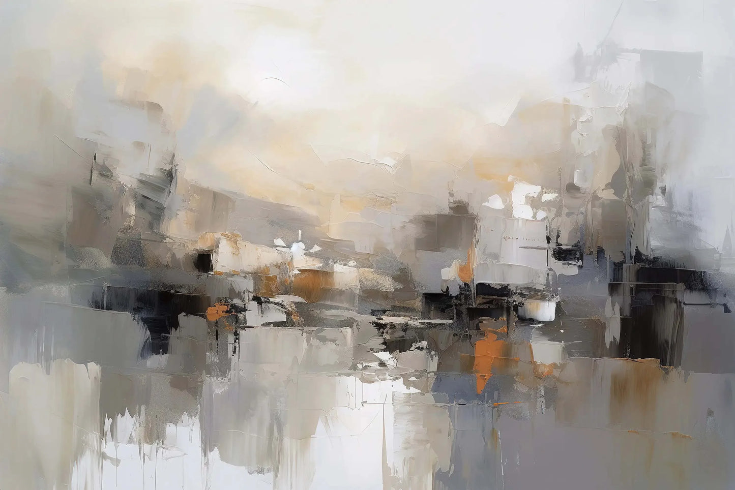 Abstract art with a mix of brown, gray, and white colors on a canvas.