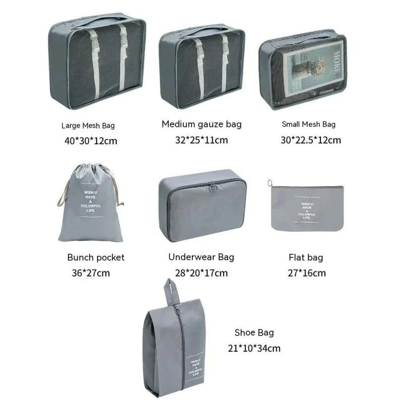 Set of gray travel bags with dimensions labeled on a white background