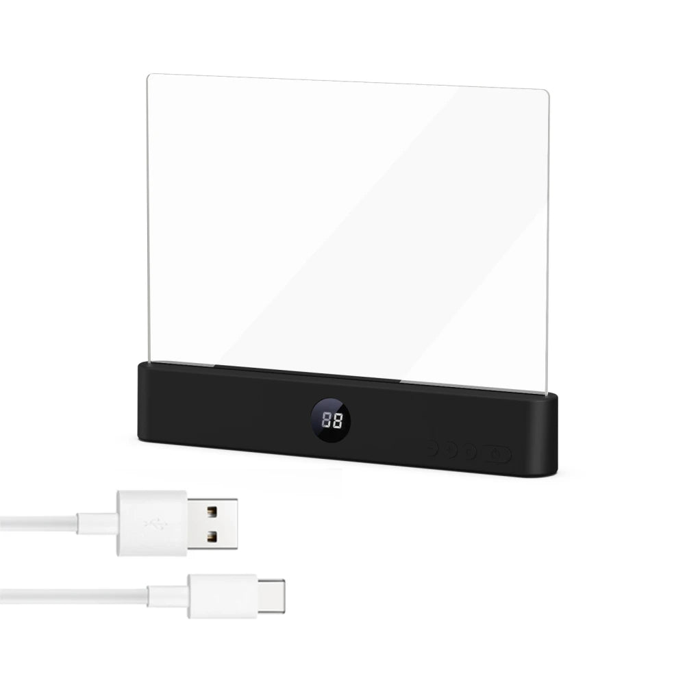 Black electronic device with digital display and USB cable on a white background