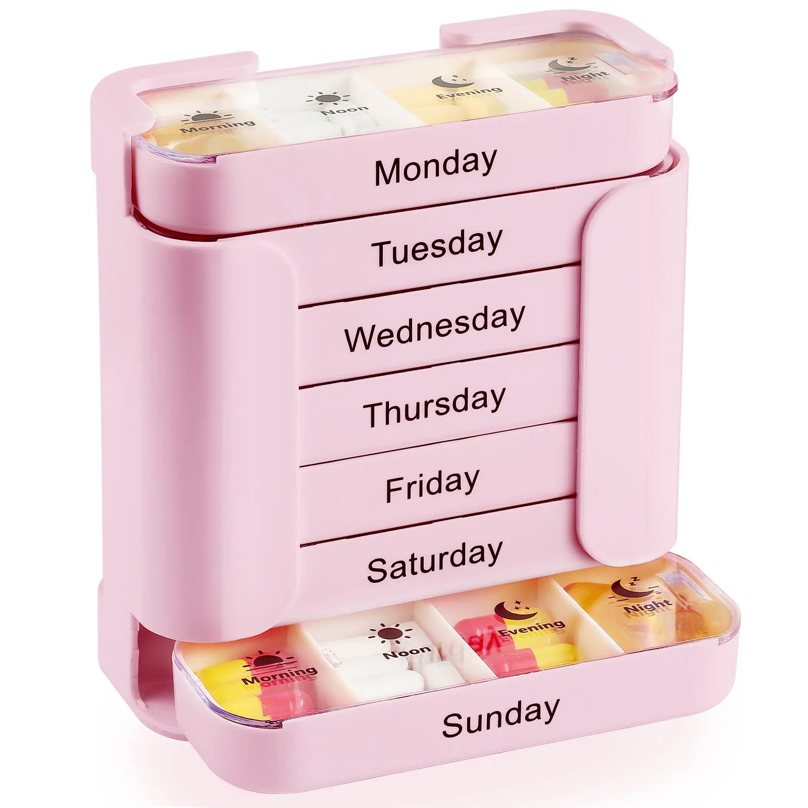 Pink weekly pill organizer with compartments for each day of the week.