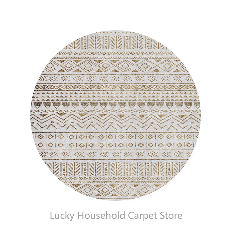 Round beige and brown patterned rug on a white background with 'Lucky Household Carpet Store' text.