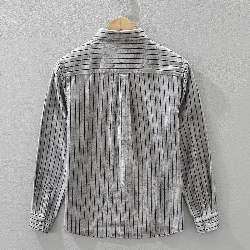 Men’s vintage striped long sleeve shirt with turn-down collar in Coffee/Grey Back View