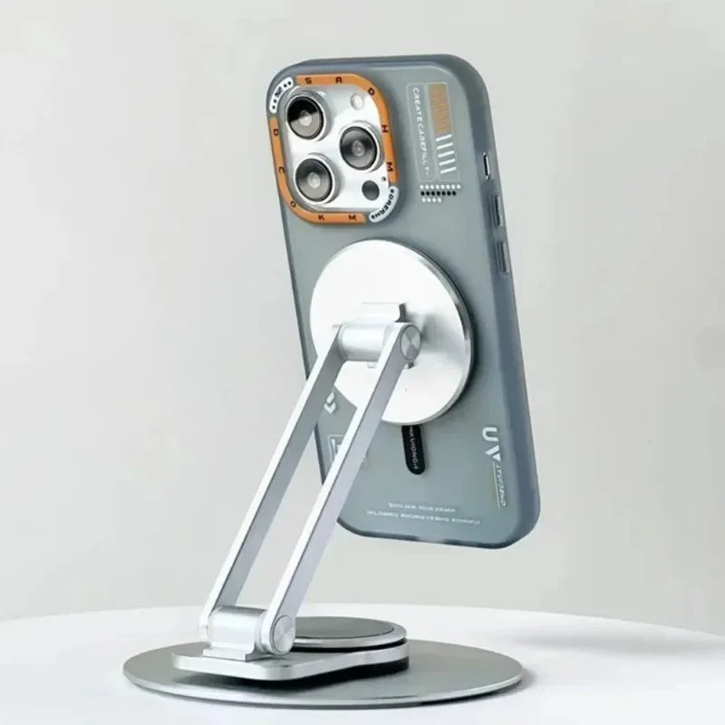 Phone with UV light module on a stand against a white background