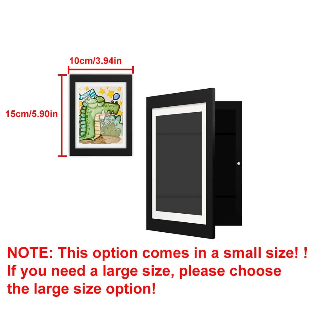 Small black picture frame with dimensions and a larger black frame on a white background.