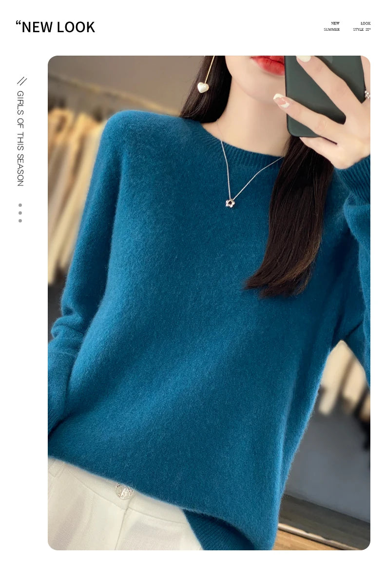 100% Merino Wool Women’s Sweater – Soft Cashmere-Feel O-Neck Pullover, Autumn/Winter Warm Knit Top (14 Colours)