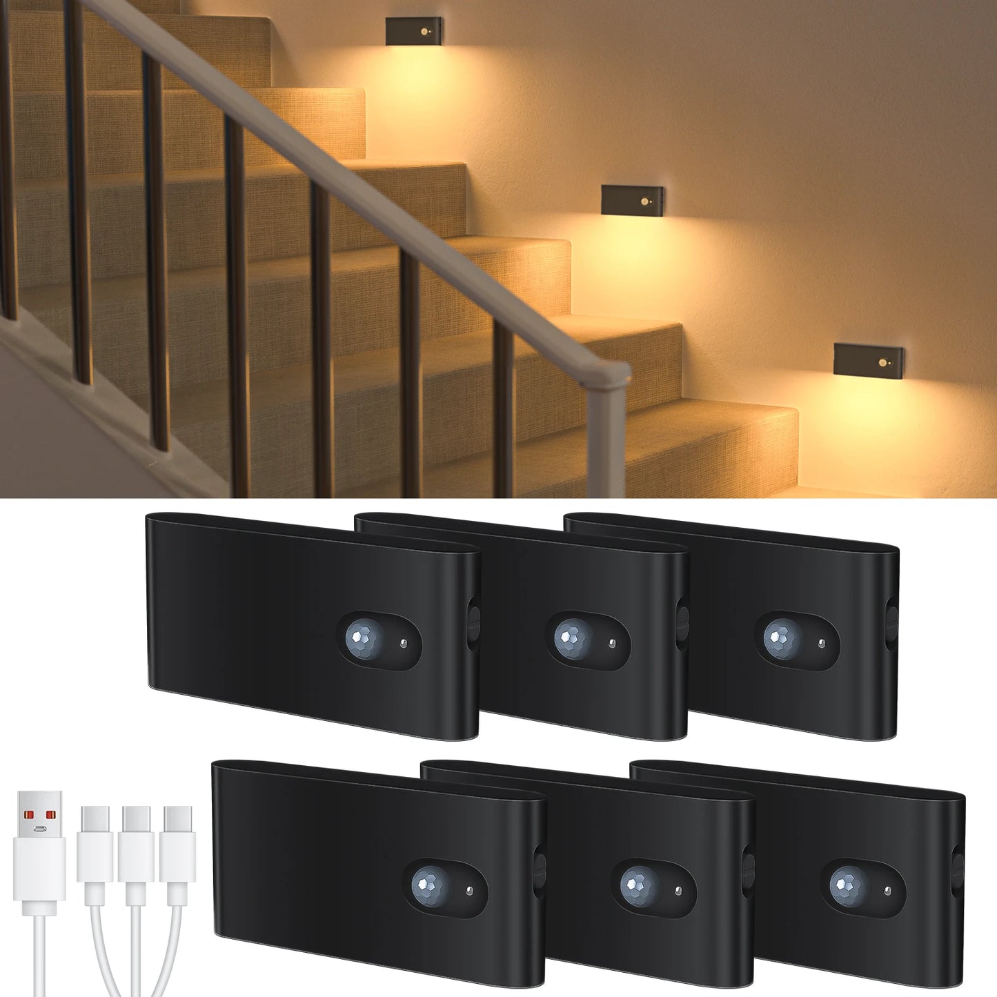 Set of black LED stair lights with USB cable on a staircase background