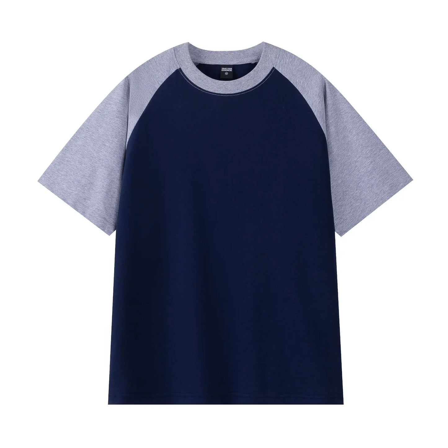 Navy blue t-shirt with gray sleeves on a white background