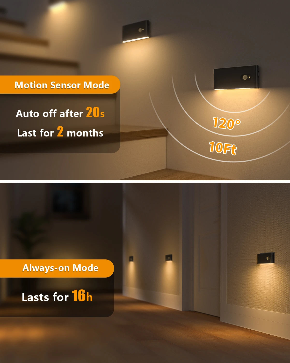 Wall-mounted light fixture with motion sensor mode and always-on mode features, shown in a home setting.
