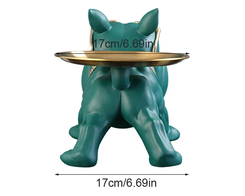 Teal dog-shaped stand with a gold dish on a white background