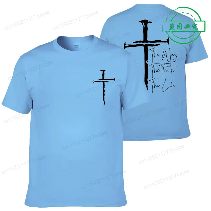 Light blue t-shirt with black cross design and text on front and back