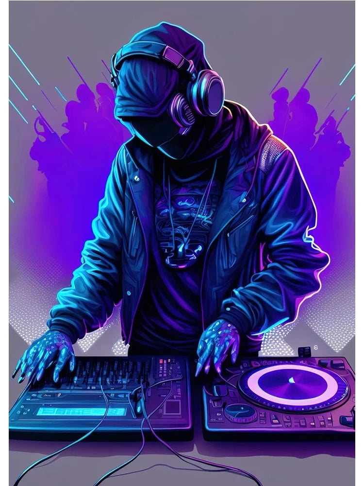 Person in a futuristic outfit with headphones and gloves, standing behind DJ equipment on a purple and gray background.