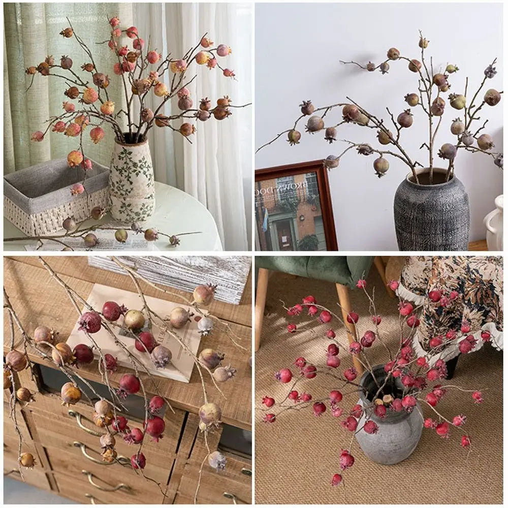 Collage of dried floral arrangements in various vases on different surfaces.