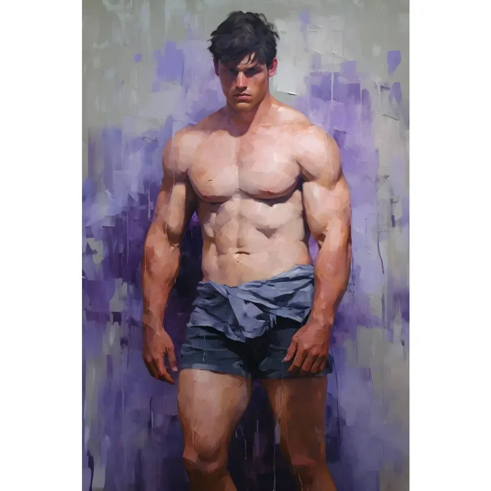 Muscular man standing against a textured purple and gray background