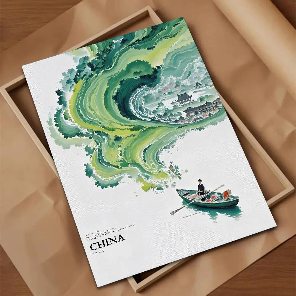 Green Jiangnan self-adhesive landscape art poster in modern Asian style for living room wall decor