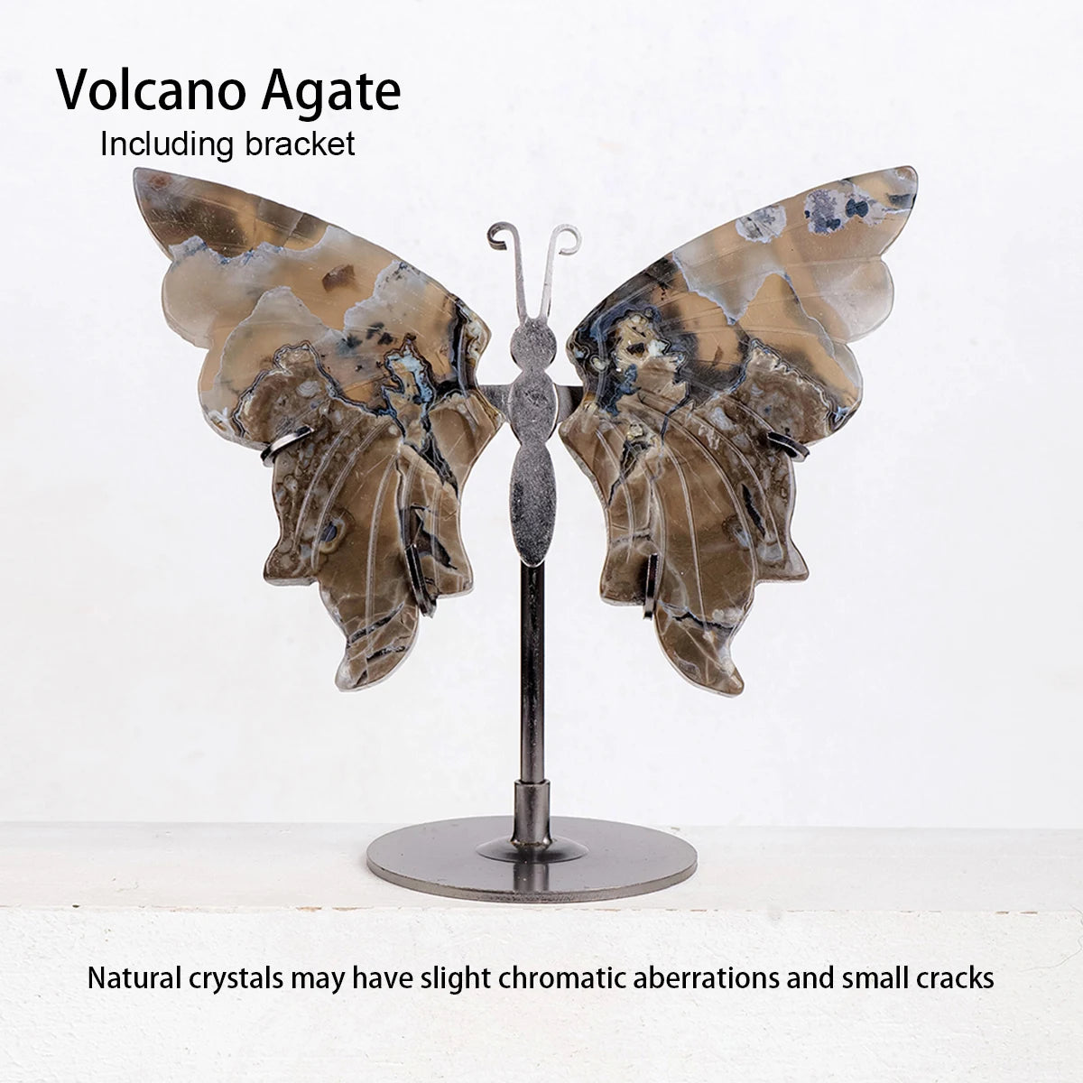 Butterfly-shaped Volcano Agate on a stand with text about natural crystals.