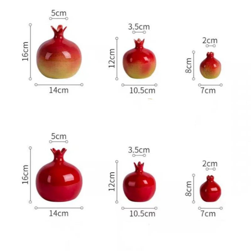 Red ceramic pomegranate decorations with measurements on a white background