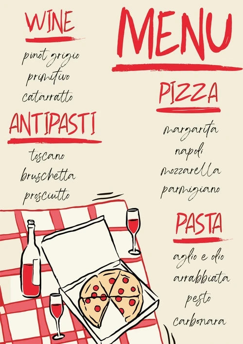 Menu with Italian food options including wine, pizza, antipasti, and pasta poster on a red and white checkered tablecloth background.