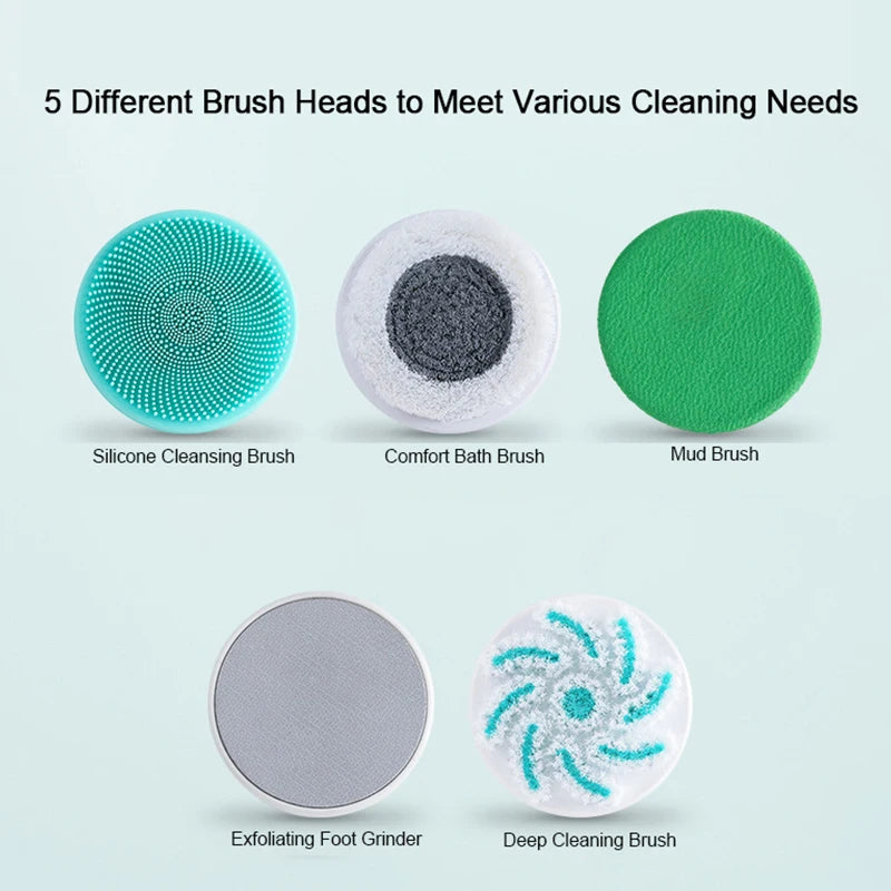 Five different brush heads for cleaning purposes on a light blue background